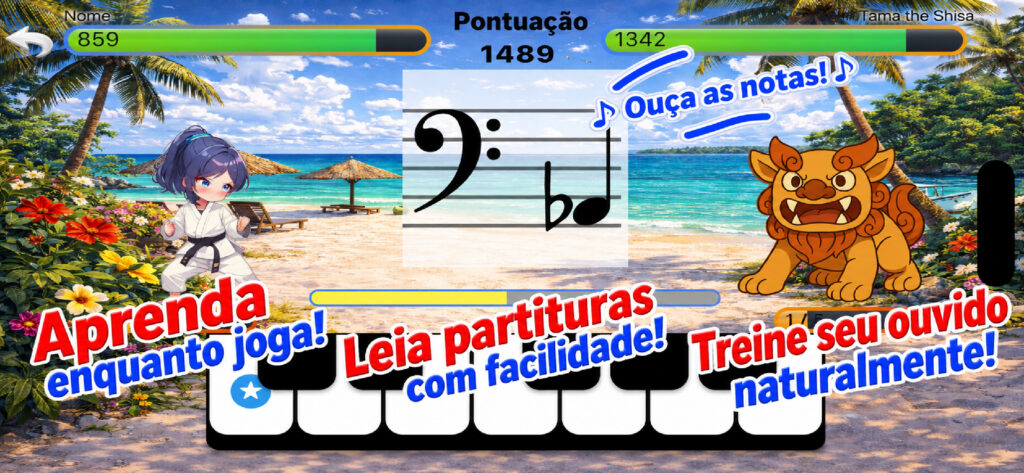 Aprenda enquanto joga. Leia partituras com facilidade. Treine seu ouvido naturalmente.