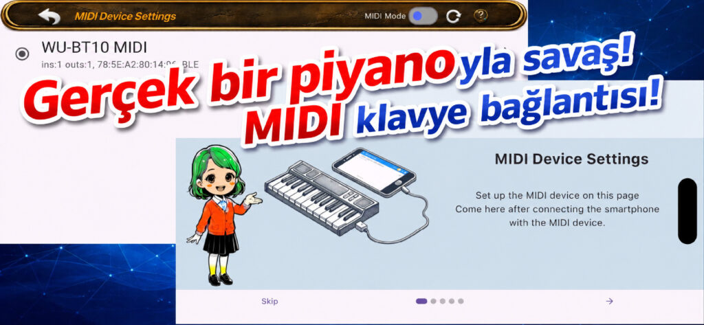 Gerçek piyanoyla savaş. MIDI klavye bağlantısı.